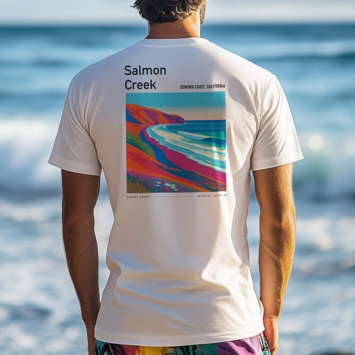 Salmon Creek Surf T-Shirt | Wild Sonoma Coast Wave Art — design printed on the back of the t-shirt