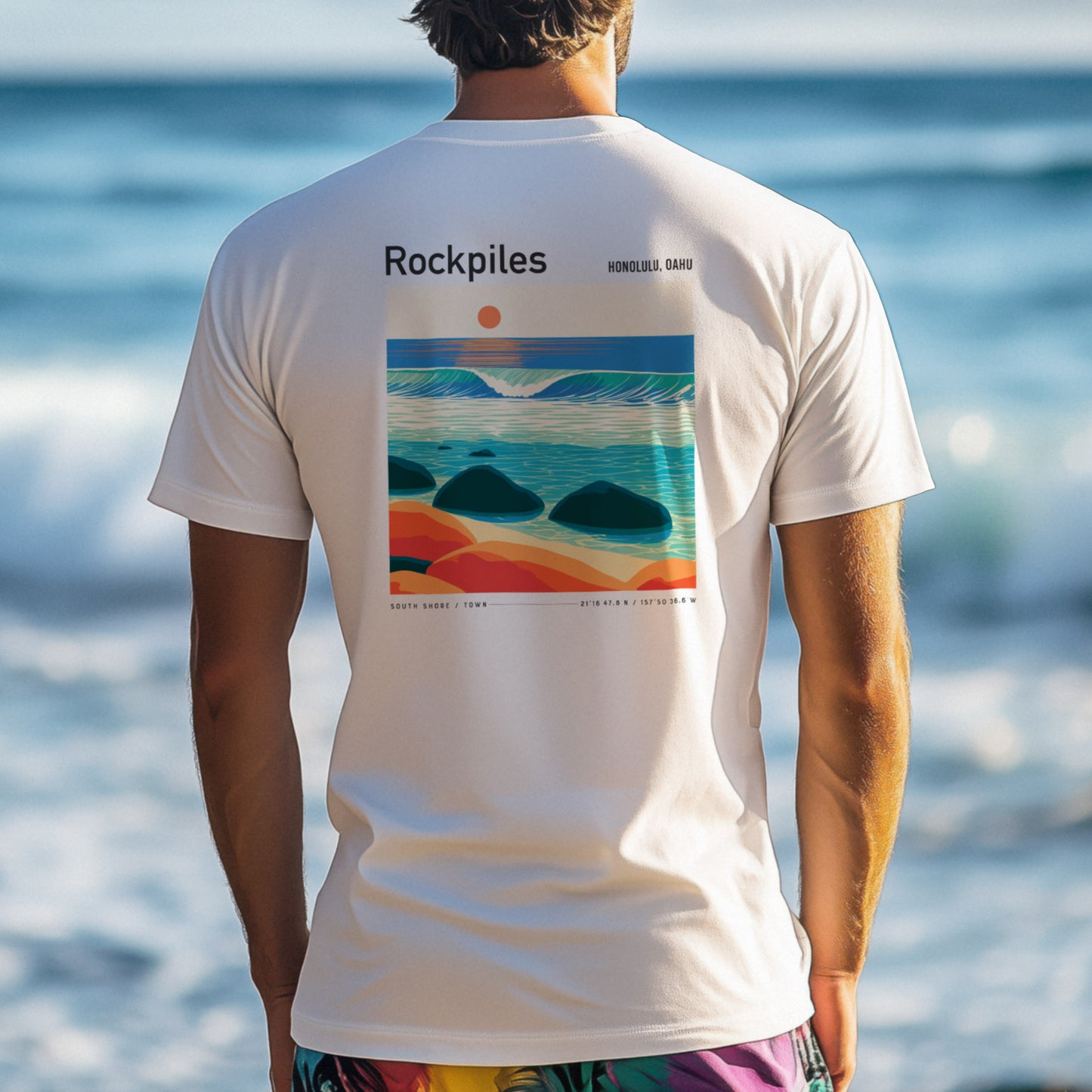 Rockpiles Surf T-Shirt | Raw Hawaiian Reef Wave Tee — design printed on the back of the t-shirt