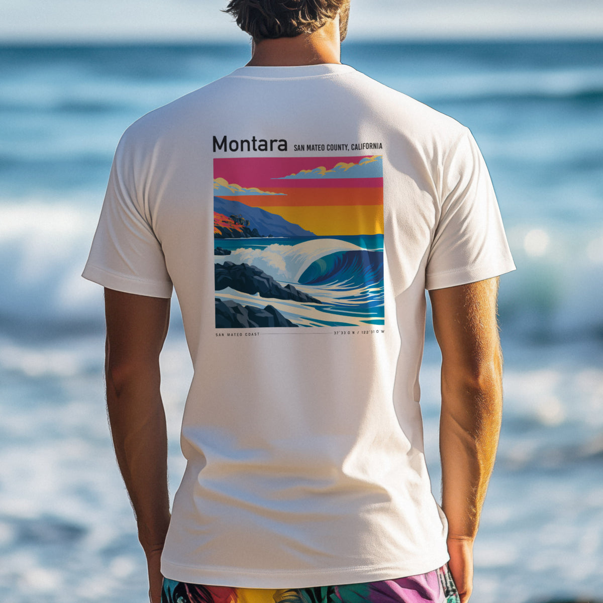 Montara Surf T-Shirt | Rugged California Coast Wave Tee — design printed on the back of the t-shirt