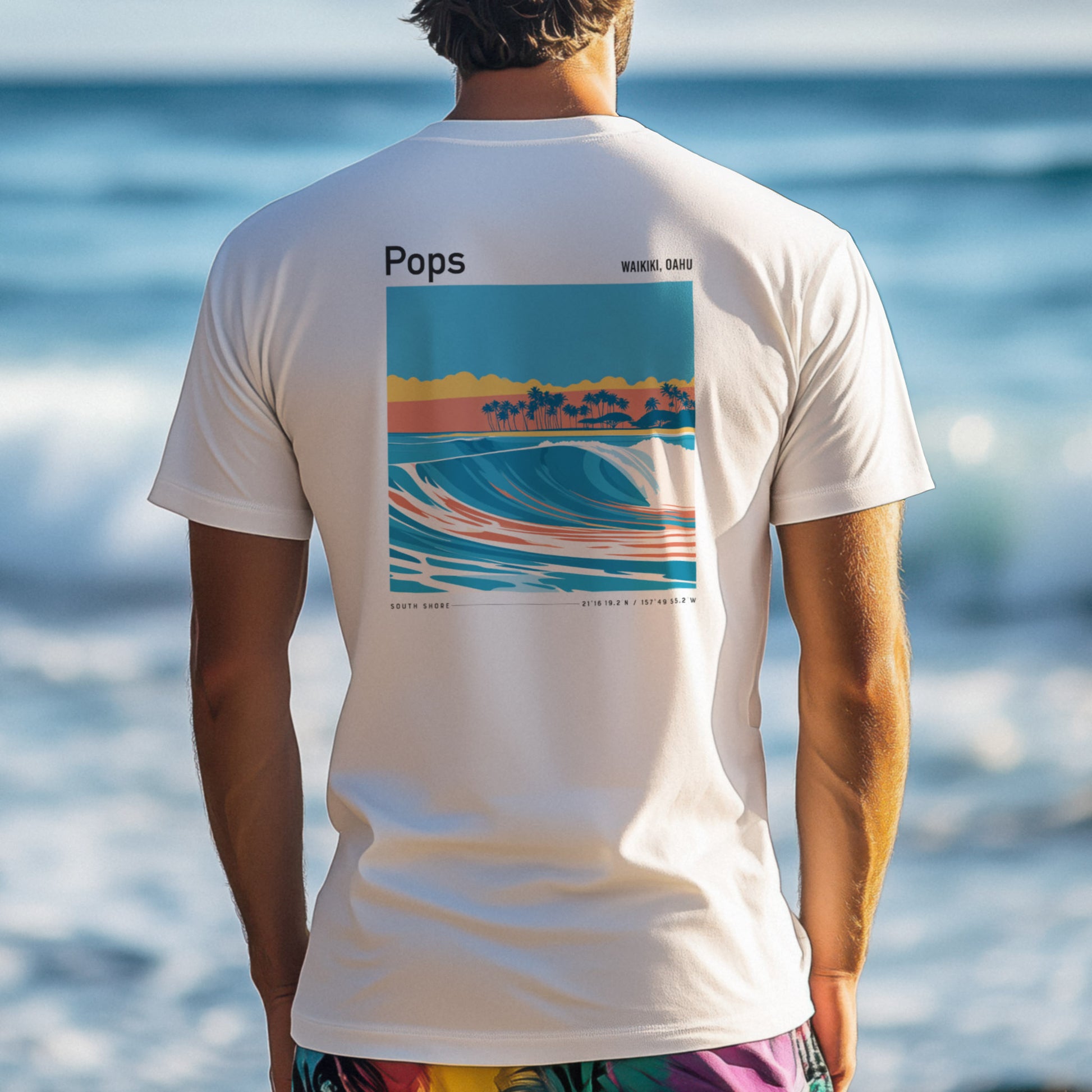 Populars, Hawaii Surf T-Shirt | Warm Walls, Island Soul — design printed on the back of the t-shirt