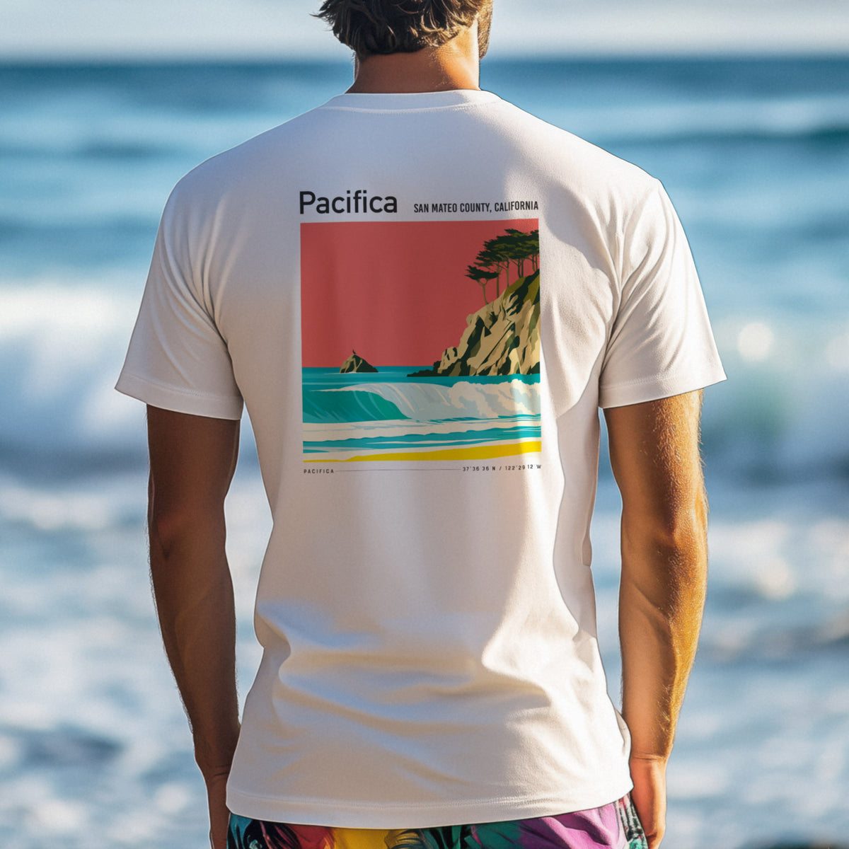 Pacifica Surf T-Shirt | Foggy Coast Wave Art Tee — design printed on the back of the t-shirt