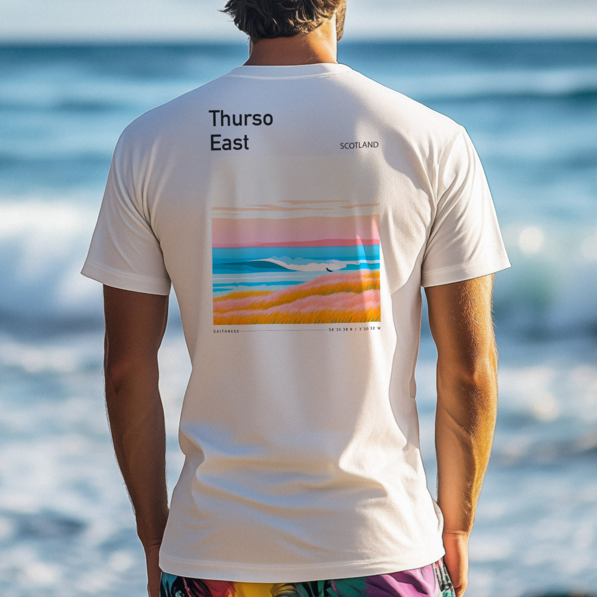 Thurso East Surf T-Shirt | Wild North Atlantic Wave Art — design printed on the back of the t-shirt