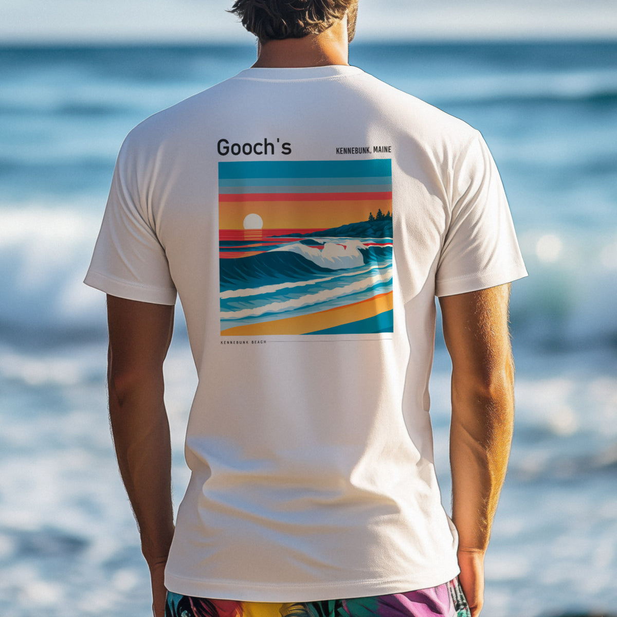 Gooch's Beach Surf T-Shirt | Maine Coast Wave Art Tee — design printed on the back of the t-shirt