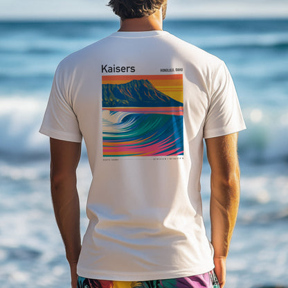 Kaisers Surf T-Shirt | Hawaiian Reef Break Wave Art — design printed on the back of the t-shirt
