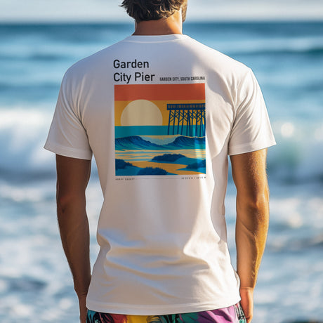 Garden City Pier Surf T-Shirt | Low Country Wave Art Tee — design printed on the back of the t-shirt