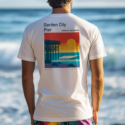Garden City Pier Surf T-Shirt | Low Country Wave Art Tee — design printed on the back of the t-shirt
