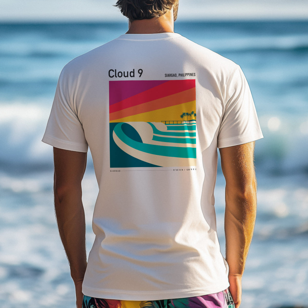 Cloud 9, Siargao Surf T-Shirt | Hollow Barrels Over Reef — design printed on the back of the t-shirt