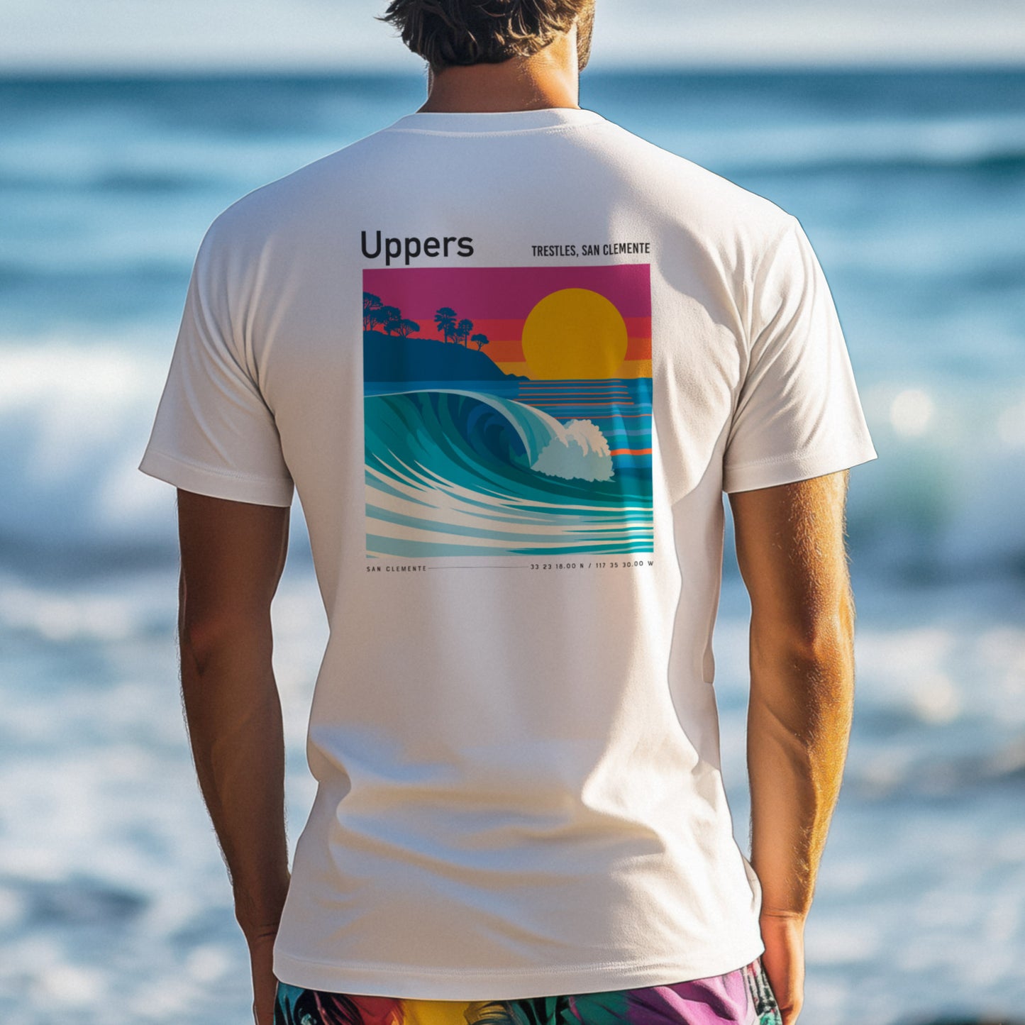 Uppers, Trestles Surf T-Shirt | Southern California Wave Art Tee — design printed on the back of the t-shirt