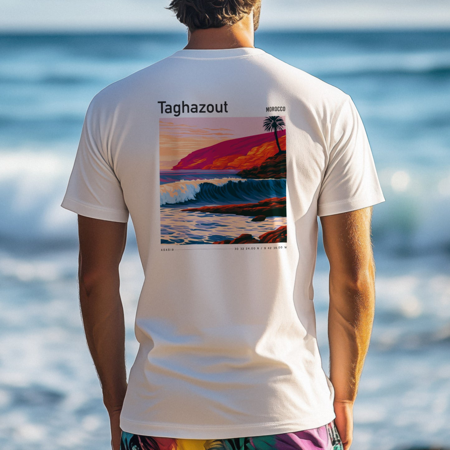 Taghazout Surf T-Shirt | Moroccan Wave Art Tee — design printed on the back of the t-shirt