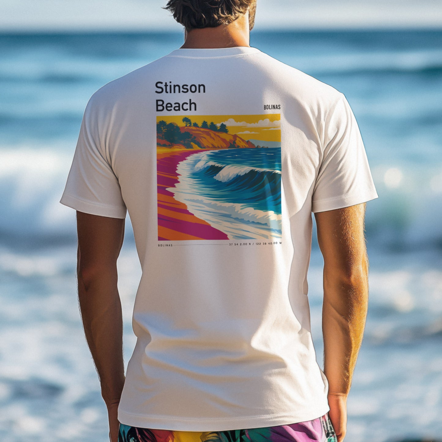 Stinson Beach Surf T-Shirt | Where the Redwoods Meet the Waves — design printed on the back of the t-shirt