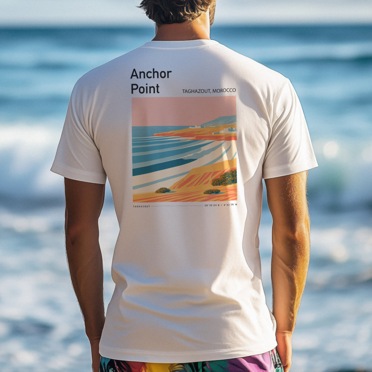 Anchor Point Surf T-Shirt | Moroccan Barrels Wave Art Tee — design printed on the back of the t-shirt
