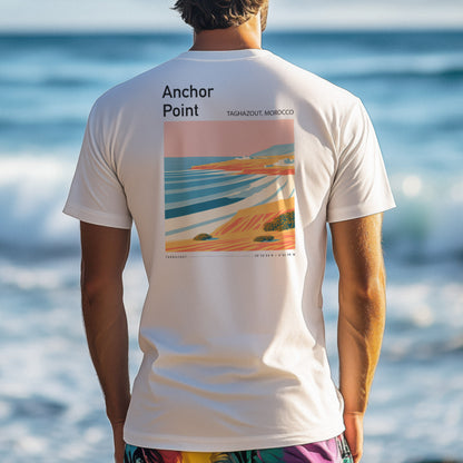 Anchor Point Surf T-Shirt | Moroccan Barrels Wave Art Tee — design printed on the back of the t-shirt