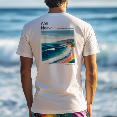 Año Nuevo Surf T-Shirt | Wild Coast Wave Art Tee — design printed on the back of the t-shirt