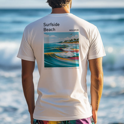 Surfside Beach Surf T-Shirt | South Carolina Shore Wave Tee — design printed on the back of the t-shirt