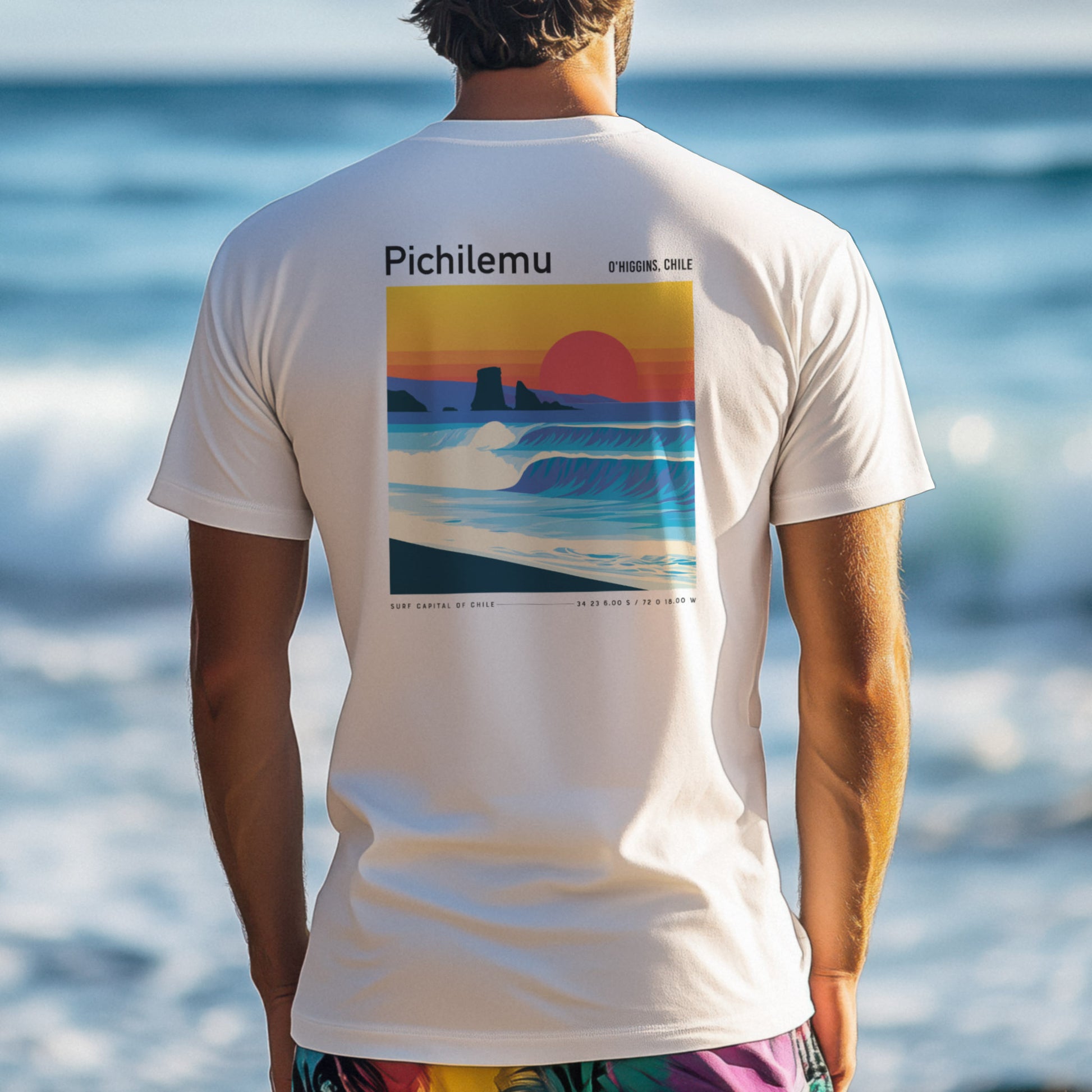 Pichilemu Surf T-Shirt | Chilean Wave Art Tee — design printed on the back of the t-shirt