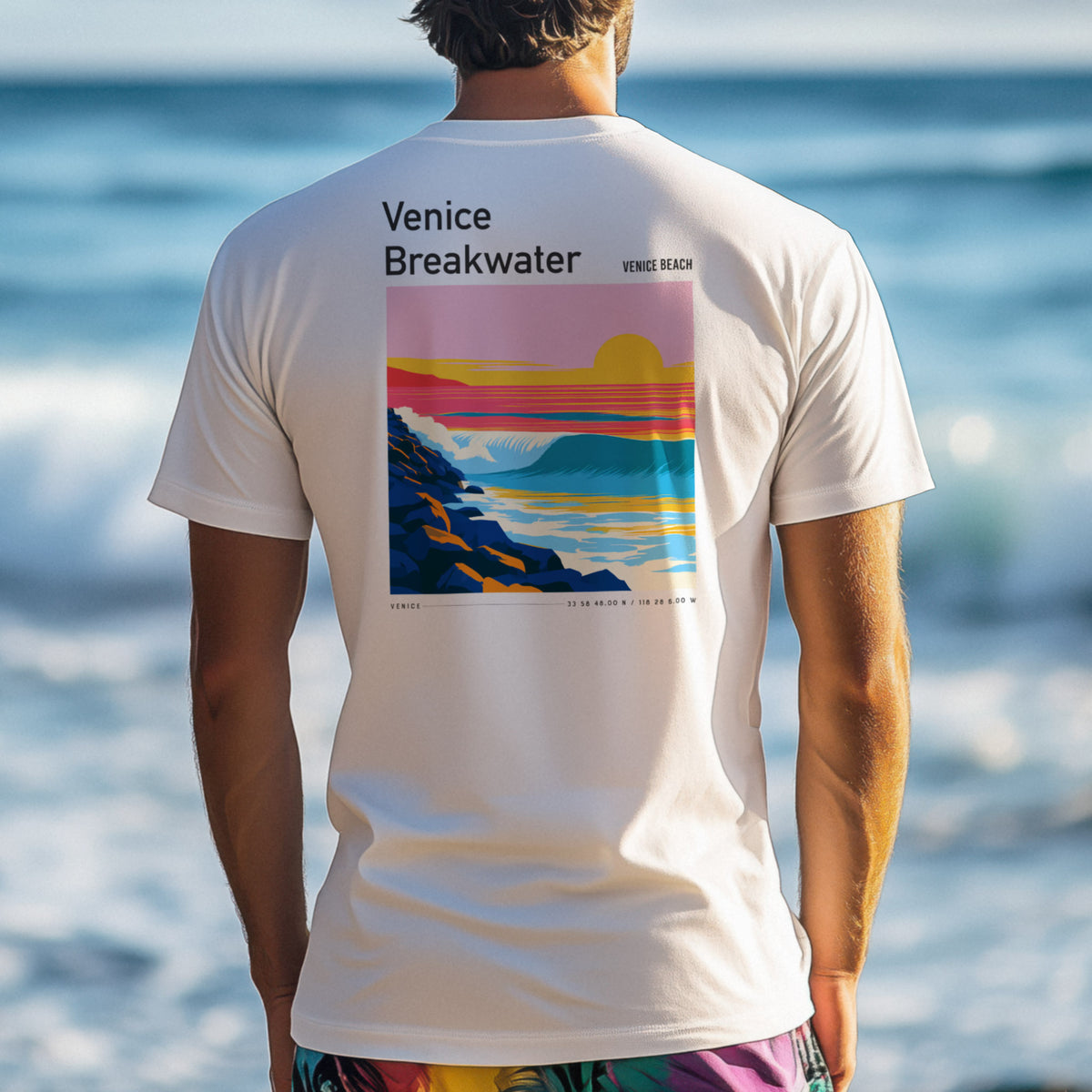 Venice Breakwater Surf T-Shirt | Laid-Back LA Wave Art — design printed on the back of the t-shirt