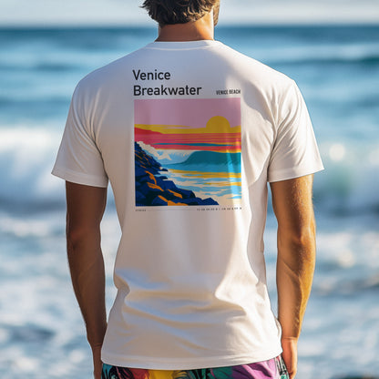 Venice Breakwater Surf T-Shirt | Laid-Back LA Wave Art — design printed on the back of the t-shirt