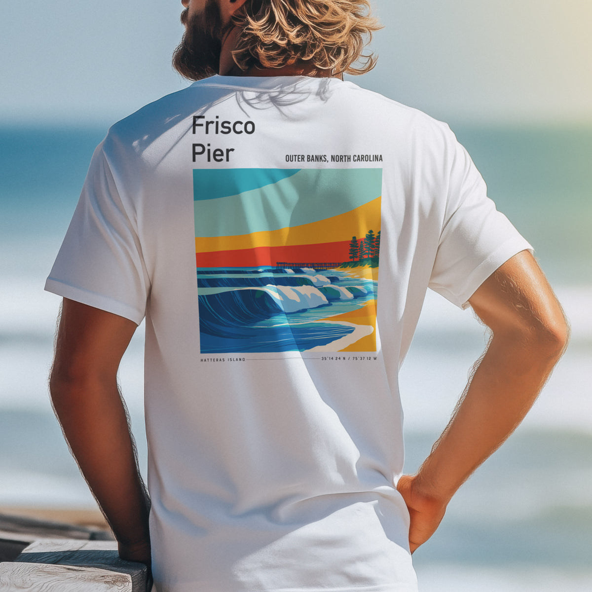 Frisco Pier Surf T-Shirt | Outer Banks Wave Art Tee — design printed on the back of the t-shirt