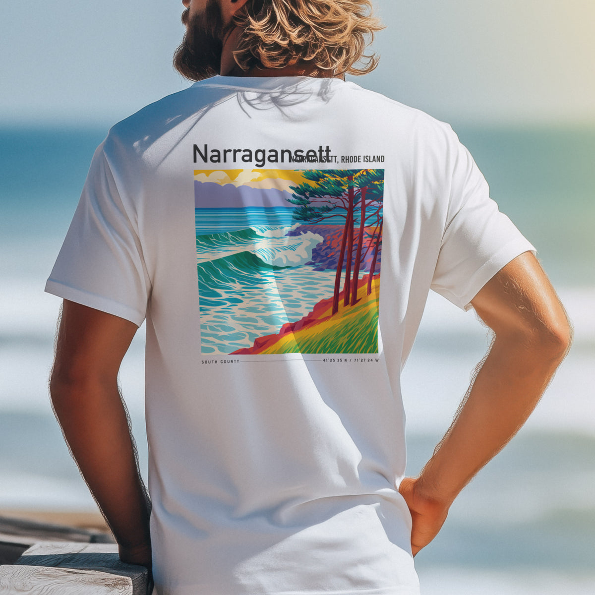Narragansett Town Beach Surf T-Shirt | Rhode Island Wave Art Tee — design printed on the back of the t-shirt