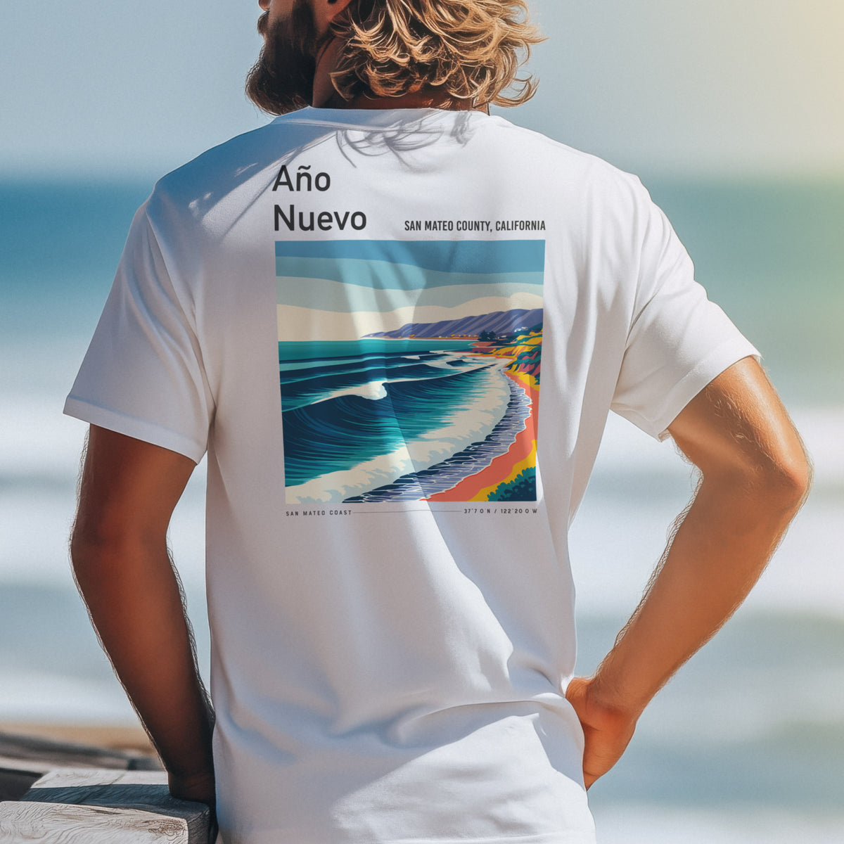 Año Nuevo Surf T-Shirt | Wild Coast Wave Art Tee — design printed on the back of the t-shirt