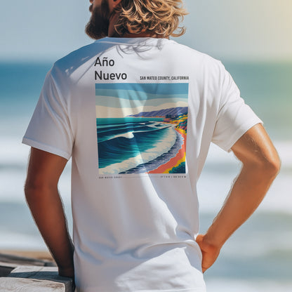 Año Nuevo Surf T-Shirt | Wild Coast Wave Art Tee — design printed on the back of the t-shirt