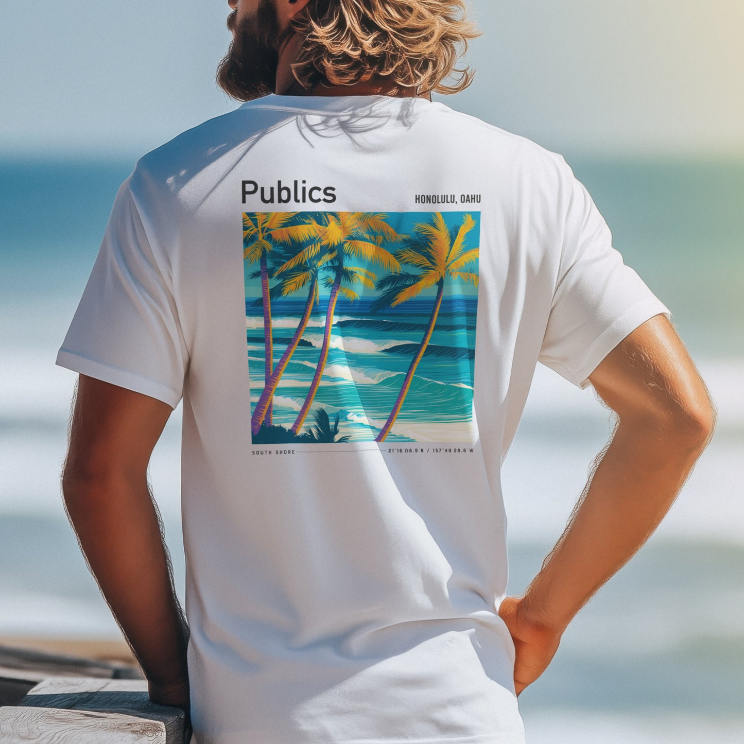 Publics, Hawaii Surf T-Shirt | Waikiki Wave Culture Tee — design printed on the back of the t-shirt