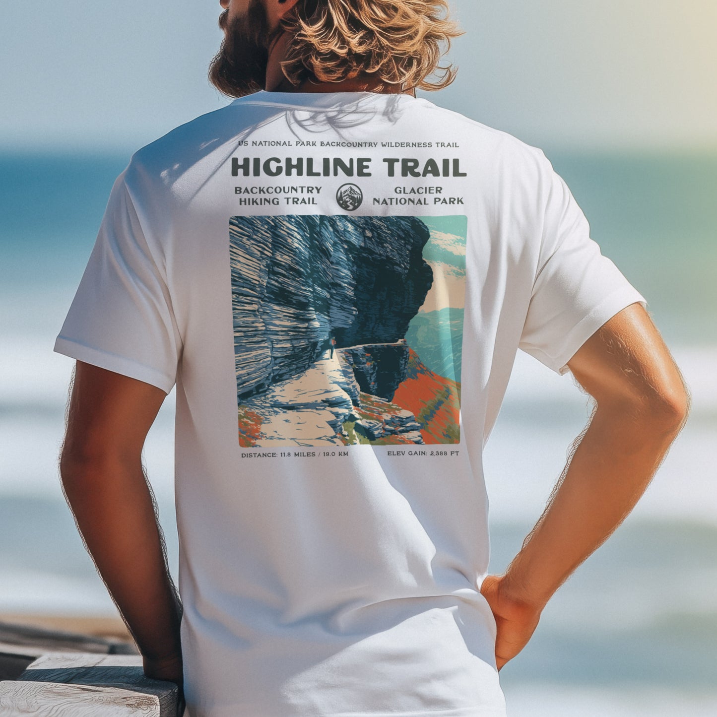 Highline Trail Hiking T-Shirt | Hiker Gift | Glacier Park Trail Tee — design printed on the back of the t-shirt
