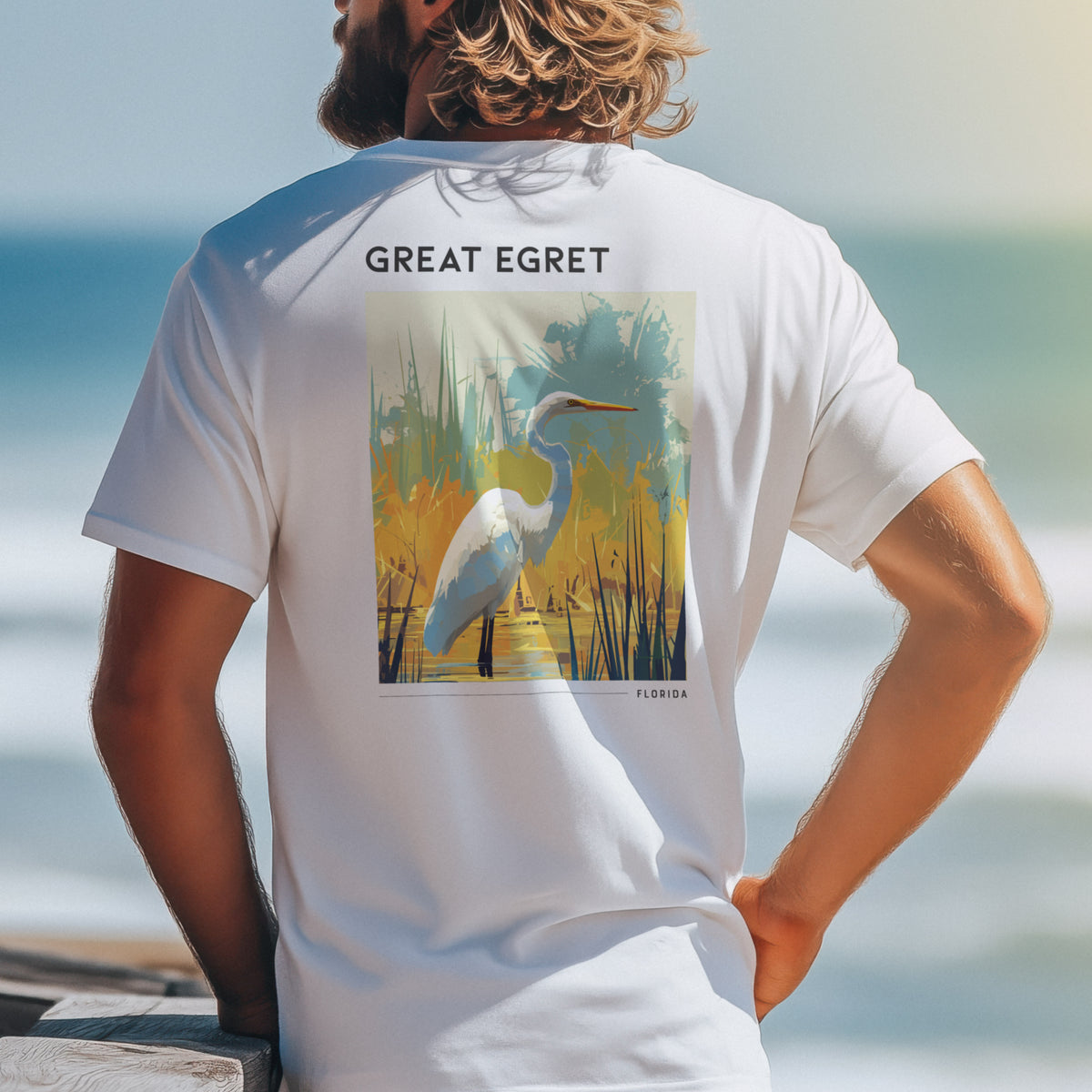 Florida Great Egret Travel T-Shirt | Coastal Wildlife Art Tee — design printed on the back of the t-shirt