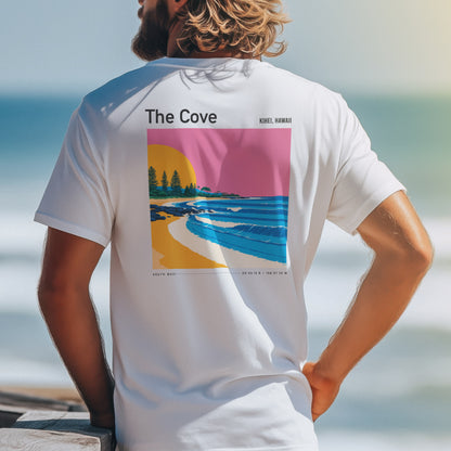 The Cove, Hawaii Surf T-Shirt | Hidden Wave Aloha Art Tee — design printed on the back of the t-shirt