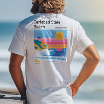 Carlsbad State Beach Surf T-Shirt | California Coast Wave Art — design printed on the back of the t-shirt