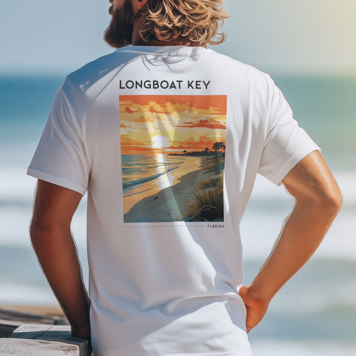 Longboat Key Travel T-Shirt | Gulf Coast Paradise Art Tee — design printed on the back of the t-shirt