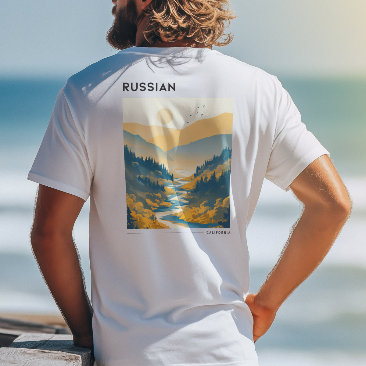 Russian River Valley Travel T-Shirt | Wine Country California Art Tee — design printed on the back of the t-shirt