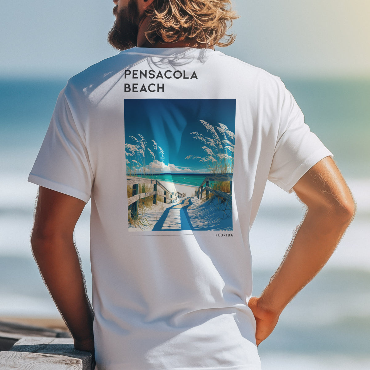 Pensacola Beach Travel T-Shirt | Gulf Coast Sun & Sand — design printed on the back of the t-shirt