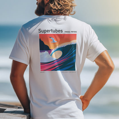 Supertubes Surf T-Shirt | Portuguese Barrel Wave Art Tee — design printed on the back of the t-shirt