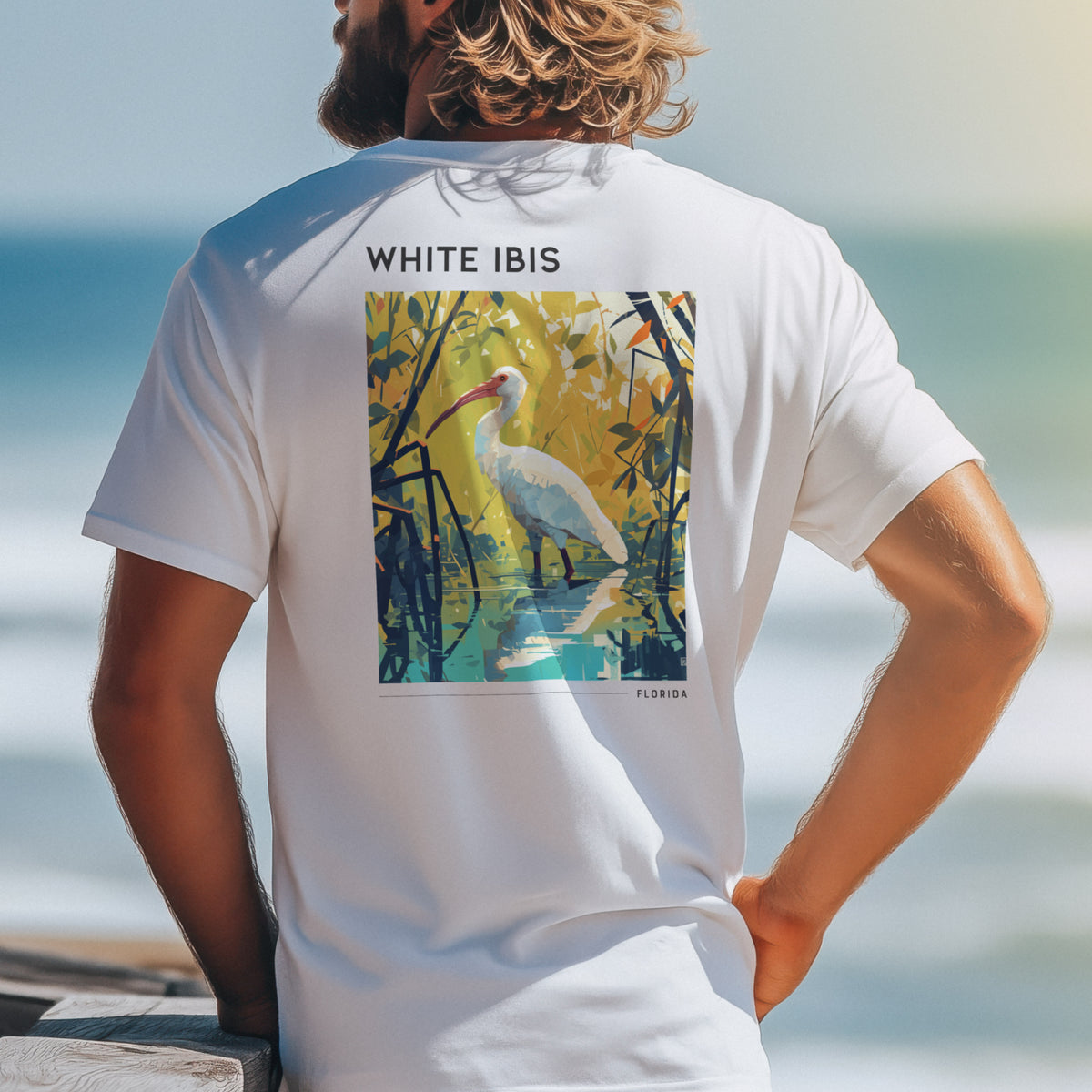 White Ibis Florida Travel T-Shirt | Coastal Bird Art Tee — design printed on the back of the t-shirt