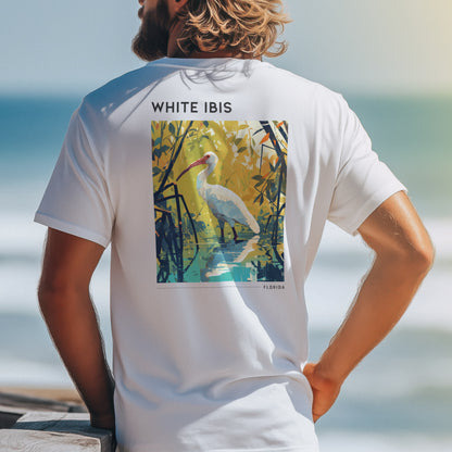White Ibis Florida Travel T-Shirt | Coastal Bird Art Tee — design printed on the back of the t-shirt