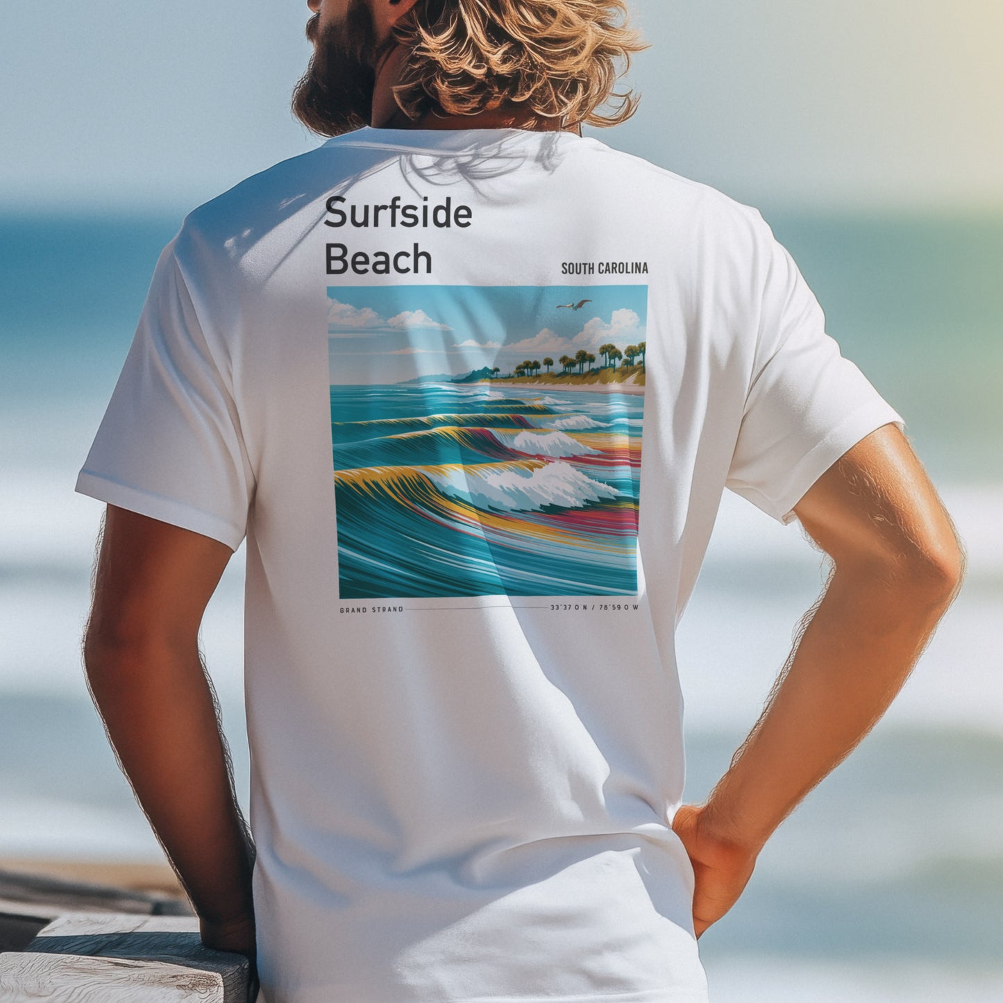 Surfside Beach Surf T-Shirt | South Carolina Shore Wave Tee — design printed on the back of the t-shirt