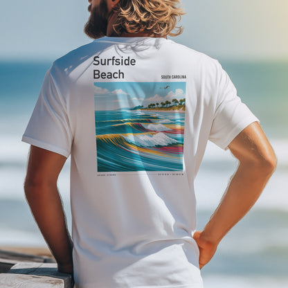 Surfside Beach Surf T-Shirt | South Carolina Shore Wave Tee — design printed on the back of the t-shirt