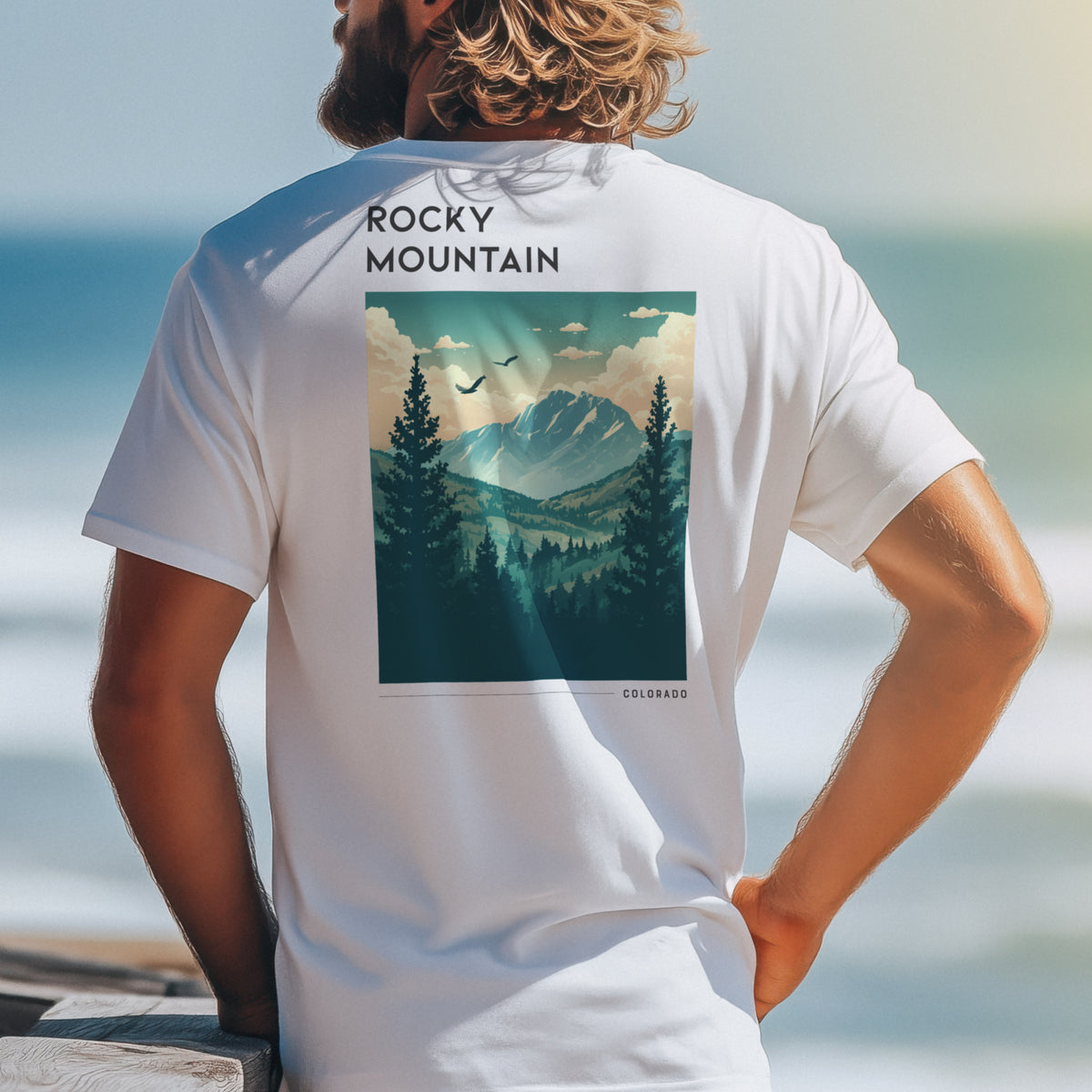 Rocky Mountain National Park Travel T-Shirt | Colorado Alpine Adventure Art Tee — design printed on the back of the t-shirt