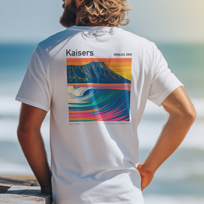 Kaisers Surf T-Shirt | Hawaiian Reef Break Wave Art — design printed on the back of the t-shirt