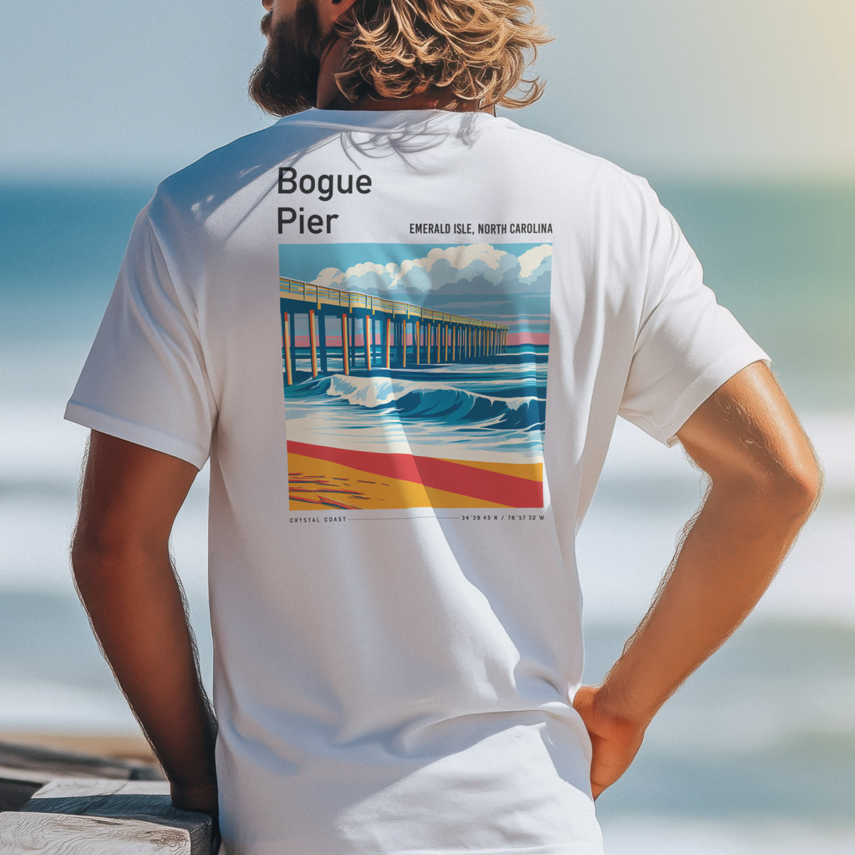Bogue Pier Surf T-Shirt | Carolina Coast Wave Art Tee — design printed on the back of the t-shirt