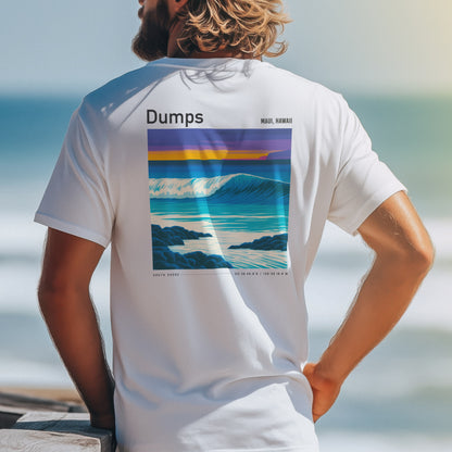 Dumps Surf T-Shirt | Raw Hawaiian Wave Art Tee — design printed on the back of the t-shirt