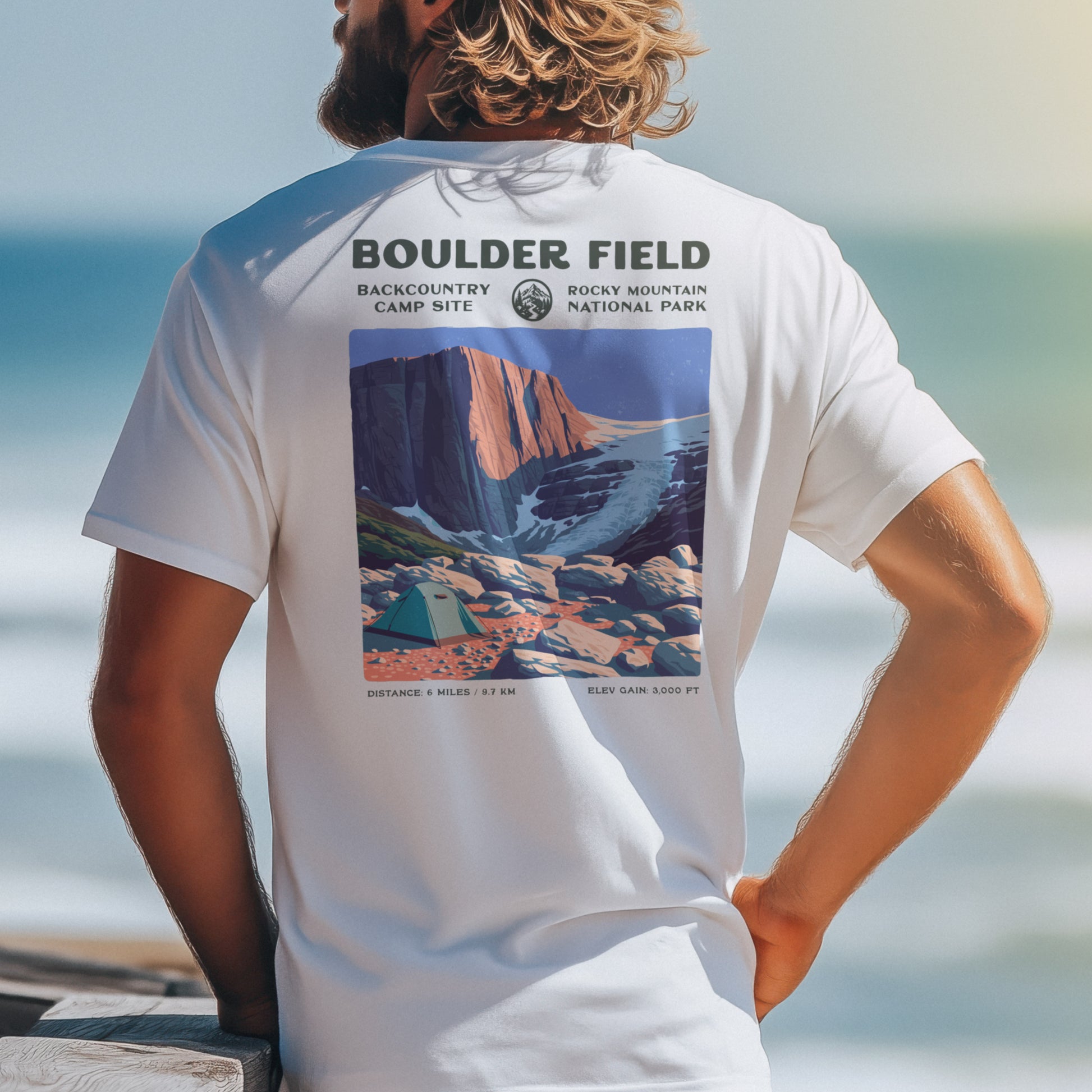 Boulder Field Hiking T-Shirt | Hiker Gift | Rocky Mountain Trail Tee — design printed on the back of the t-shirt