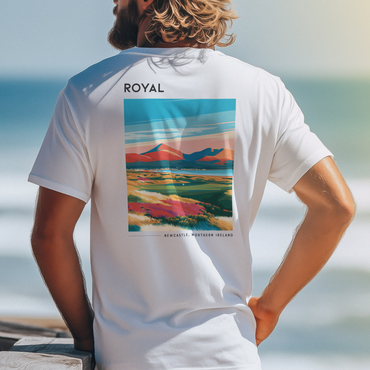 Royal County Down Golf T-Shirt | Wild Irish Links Course Tee — design printed on the back of the t-shirt