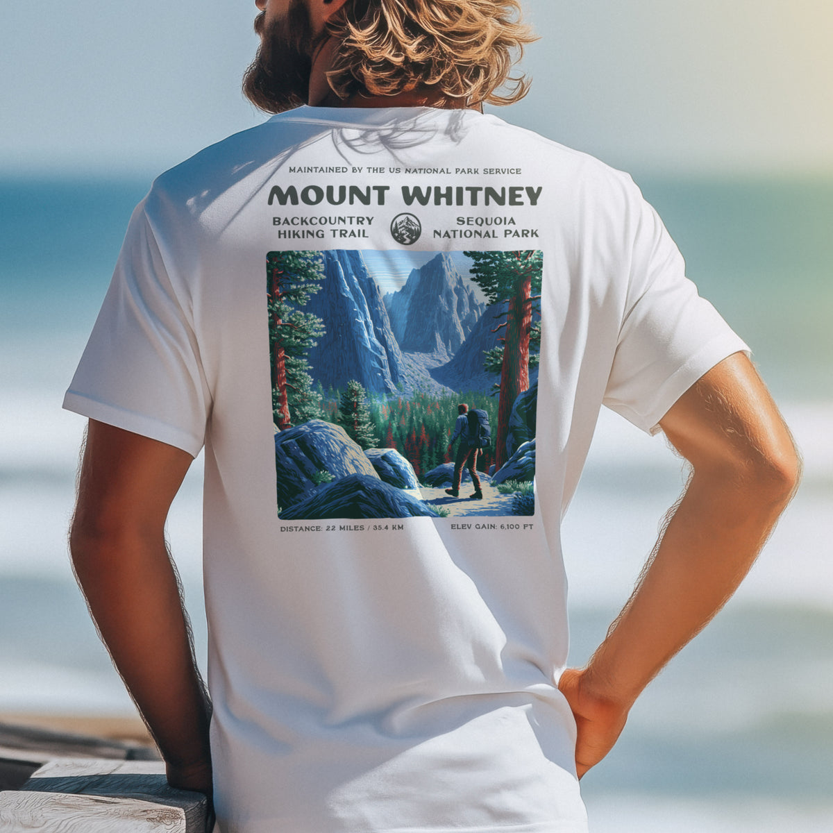 Mount Whitney Hiking T-Shirt | Hiker Gift | Summit Trail Block Print — design printed on the back of the t-shirt