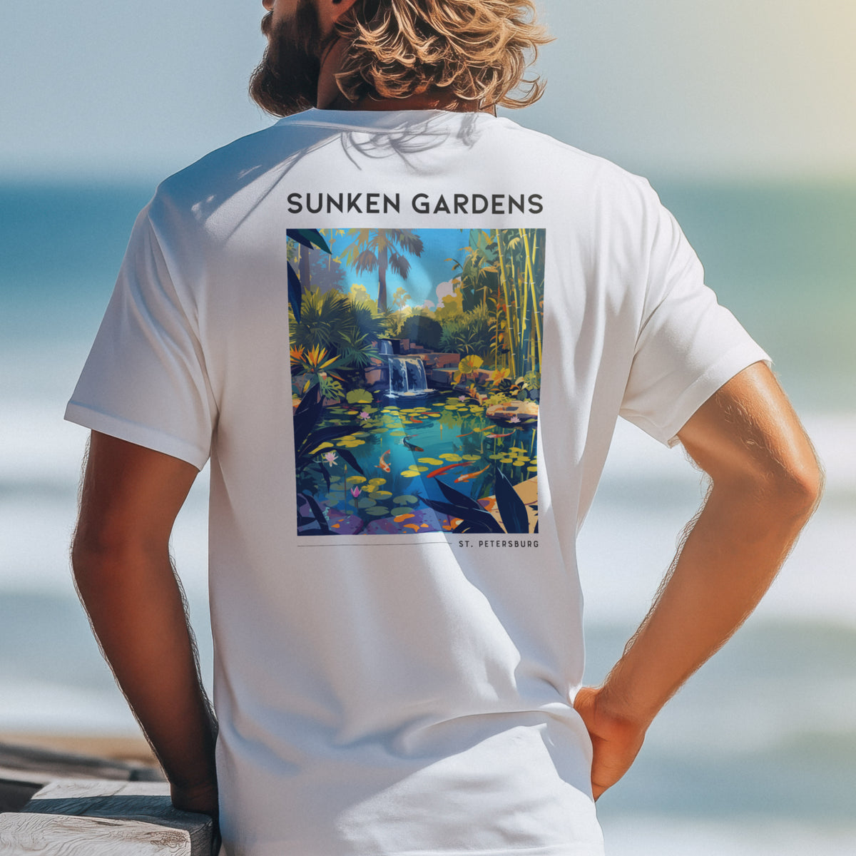 Sunken Gardens Travel T-Shirt | Tropical St. Petersburg Garden Art — design printed on the back of the t-shirt