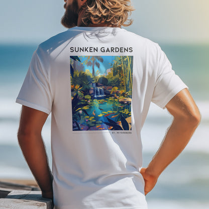 Sunken Gardens Travel T-Shirt | Tropical St. Petersburg Garden Art — design printed on the back of the t-shirt