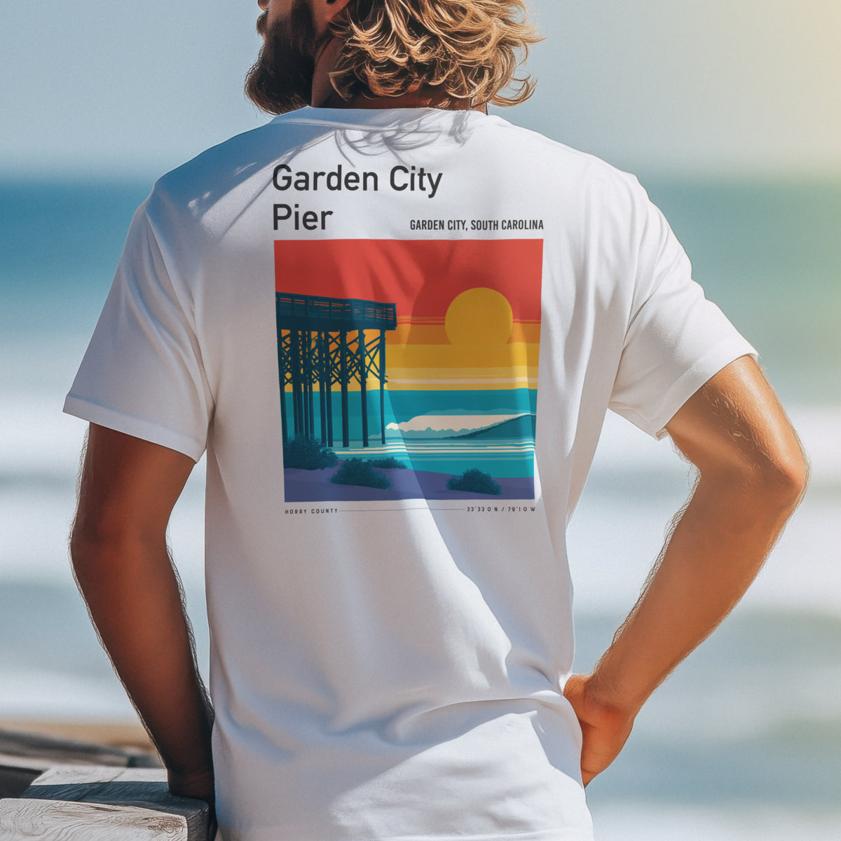 Garden City Pier Surf T-Shirt | Low Country Wave Art Tee — design printed on the back of the t-shirt