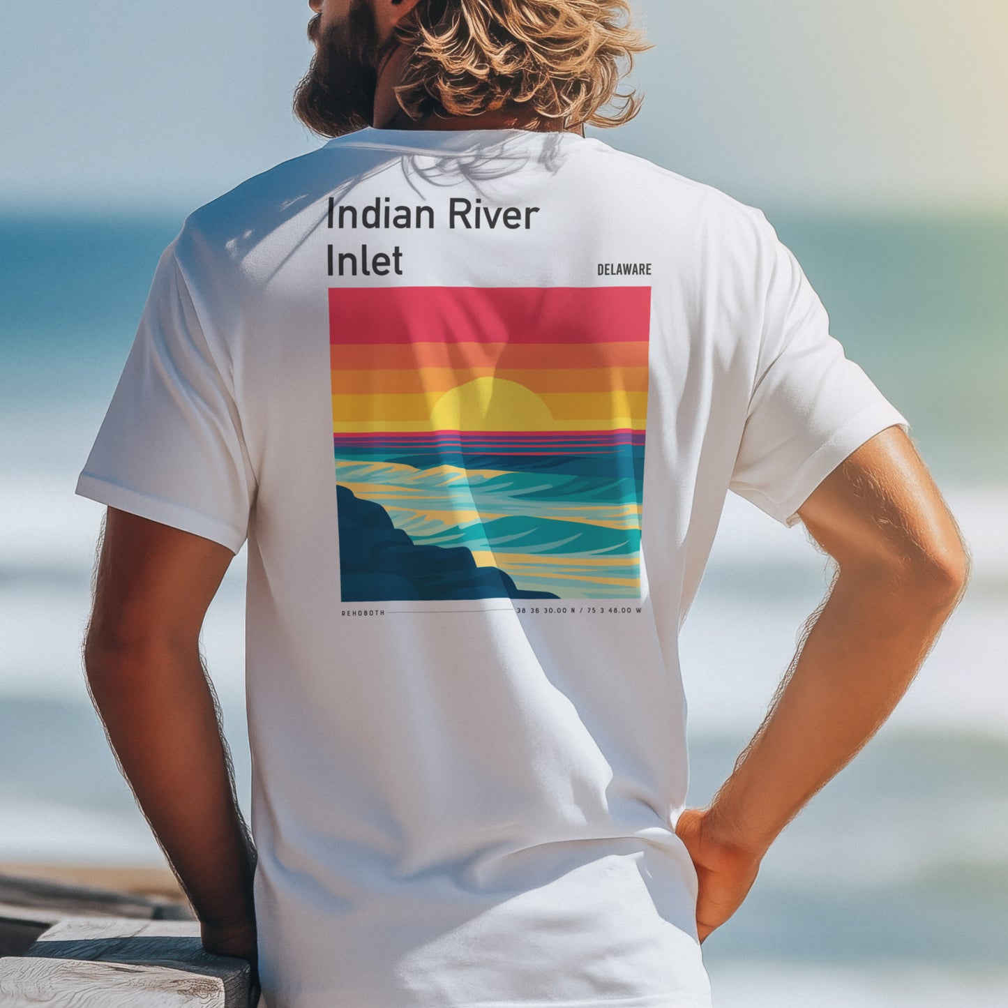 Indian River Inlet Surf T-Shirt | Delaware Coast Wave Art Tee — design printed on the back of the t-shirt