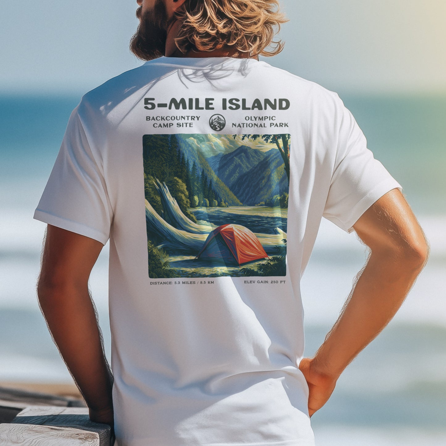 5-Mile Island Hiking T-Shirt | Hiker Gift | Olympic Peninsula Trail Tee — design printed on the back of the t-shirt